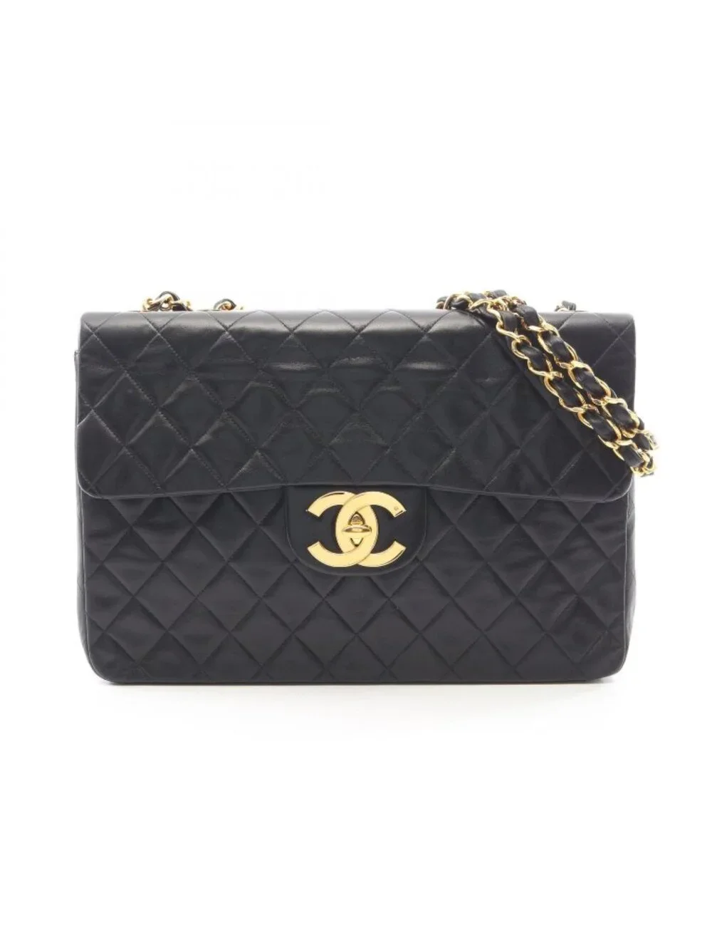 Chanel Shoulder Bag Maxi Quilted 34 Black Lambskin Chain